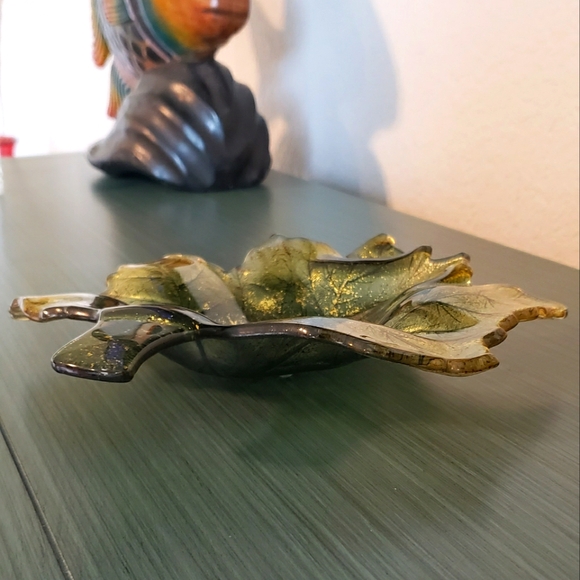 Green & Metallic Gold Small Leaf Glass Dish Tray Knick Knack Keep All Holiday - Picture 8 of 10